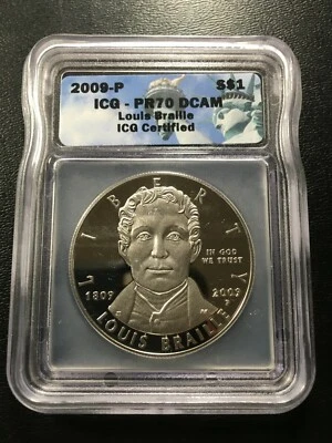 2009 PROOF LOUIS BRAILLE COMMEMORATIVE DOLLAR ICG PR-70 DCAM - CERTIFIED SLAB -$ - Image 1 of 2