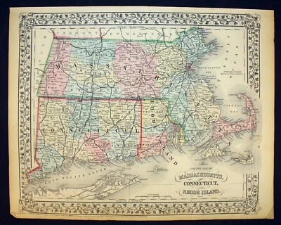 Antique 1870 Color Map Massachusetts Connecticut Rhode Island Counties Mitchell - Image 1 of 4