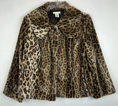 Laura Ashley Jacket Womans M Faux Fur Leopard Cropped Cape Animal Print Lined - Image 1 of 4