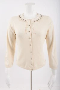 Express Womens Cardigan Sweater L Ivory Beaded Sequin silk Cashmere Vintage Y2K - Picture 1 of 6