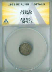 1861 SEATED LIBERTY HALF DIME ANACS AU 55 DETAILS (2228263) - Picture 1 of 4