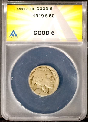 1919-S 5c Indian Head Buffalo Nickel G-6 ANACS # 7573632 + Bonus - Image 1 of 2