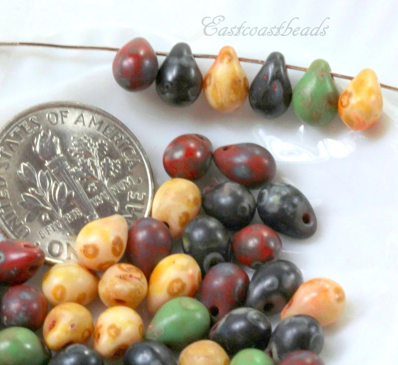 Tear Drop Beads, 5x7mm, Green,Black & Red, Matte w/ Picasso Finish, 50 Beads - Image 1 of 1