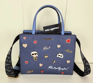 Karl Lagerfeld Paris Maybelle Satchel Bag Strap Double Top Handle Denim Blue NWT - Picture 1 of 18