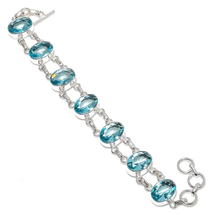 Aqua Aquamarine Gemstone Handmade 925 Sterling Silver Jewelry Bracelet Sz 7-8" - Image 1 of 1