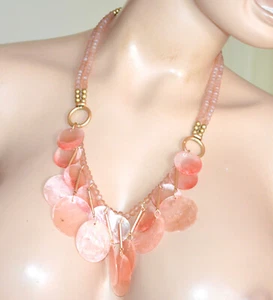 Collana donna rosa cipria oro dorata girocollo lungo cristalli ciondoli US92 - Foto 1 di 5