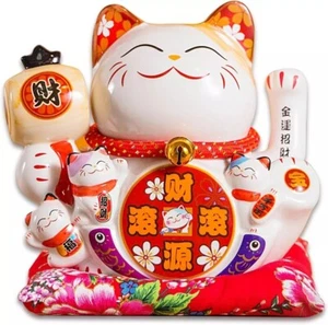 Large Ceramic Maneki Neko Beckoning Lucky Money Cat Waving Arm Good Feng Shui - Picture 1 of 9