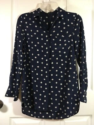 J.Crew Seda Botones Hi-Lo Camisa Ticktock Reloj Azul Marino Talla: 00 XXS 172B Foto 1 de 4