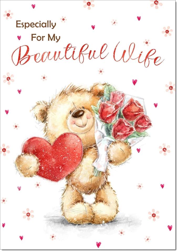 Doodlecards Wife Birthday Card Teddy with Love Heart and Flowers