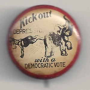 1932 FDR Pin ~ KICK OUT DEPRESSION Franklin D. Roosevelt Donkey Elephant Pinback - Picture 1 of 2