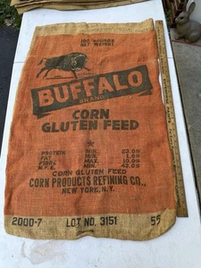 VINTAGE BUFFALO BRAND CORN GLUTEN FEED BURLAP BAG, CORN PRODUCTS REFININ CO. - Picture 1 of 5