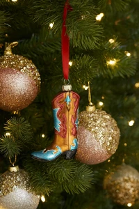 Holiday Lane Cowboy Boot Ornament Glass Western Glitter 6” (3-3) - Picture 1 of 3