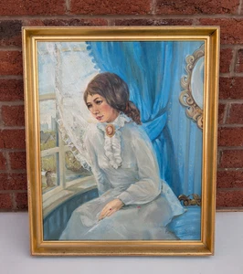 Pintura al óleo sobre lienzo vintage años 60 retrato marco dorado tamaño 23 x 19 pulgadas - Imagen 1 de 24