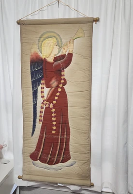 Panel de tela pintado a mano colgante de pared estilo Fra Angelico ángel con trompeta 21x49 Foto 1 de 4