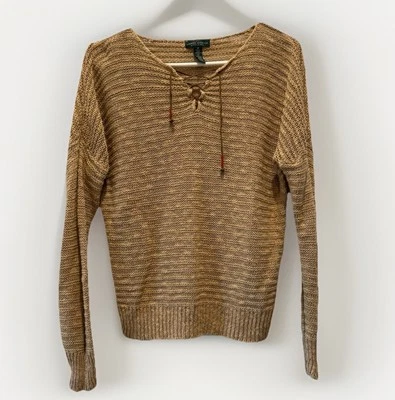 Suéter Ralph Lauren LRL Tejido Lino Tostado Cuero Con Cordones Ecuestre Boho Talla M Foto 1 de 4