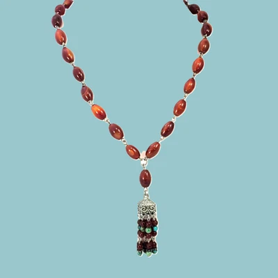 Collar TURQUESA con flecos de cuentas de piedra de cornalina de 17" con etiqueta  Foto 1 de 4