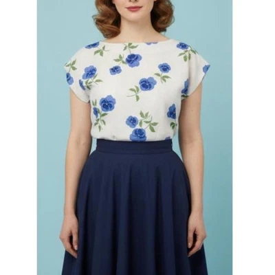 Blusa de lino de manga corta vintage hecha a mano con flores de pensamiento azul de los años 50 talla mediana Foto 1 de 4