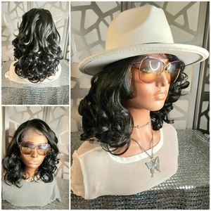 Curly Wig Short Black Wig Human Hair Blend Free Parting Wig 13x6 Wavy Wig Bob - Picture 1 of 11