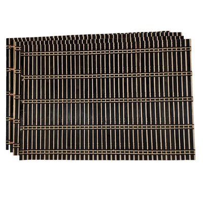 Set of 4 Wood Bamboo Placemats Slats Yarn Black Beige Brown ~17x12" VG Condition - Image 1 of 4