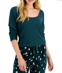 JENNI Waffle Knit Long Sleeve Pajama Top XS X-Small Forest Green Sleepwear - Picture 1 of 2