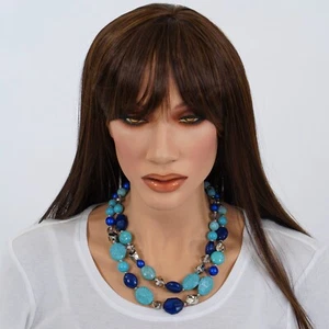 KOHL'S "COLOR" SILVER, BLUE, IRIDESCENT & TURQUOISE BEADED NECKLACE Two Strand - Picture 1 of 11