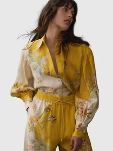Blusa Alemais Ira Lino Floral Top Abotonada Amarilla Talla US 2 - Imagen 1 de 7
