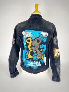 Majestik Distressed Rage of Rebellion Patch Black Jean Jacket Men’s Sz Small - Picture 1 of 14
