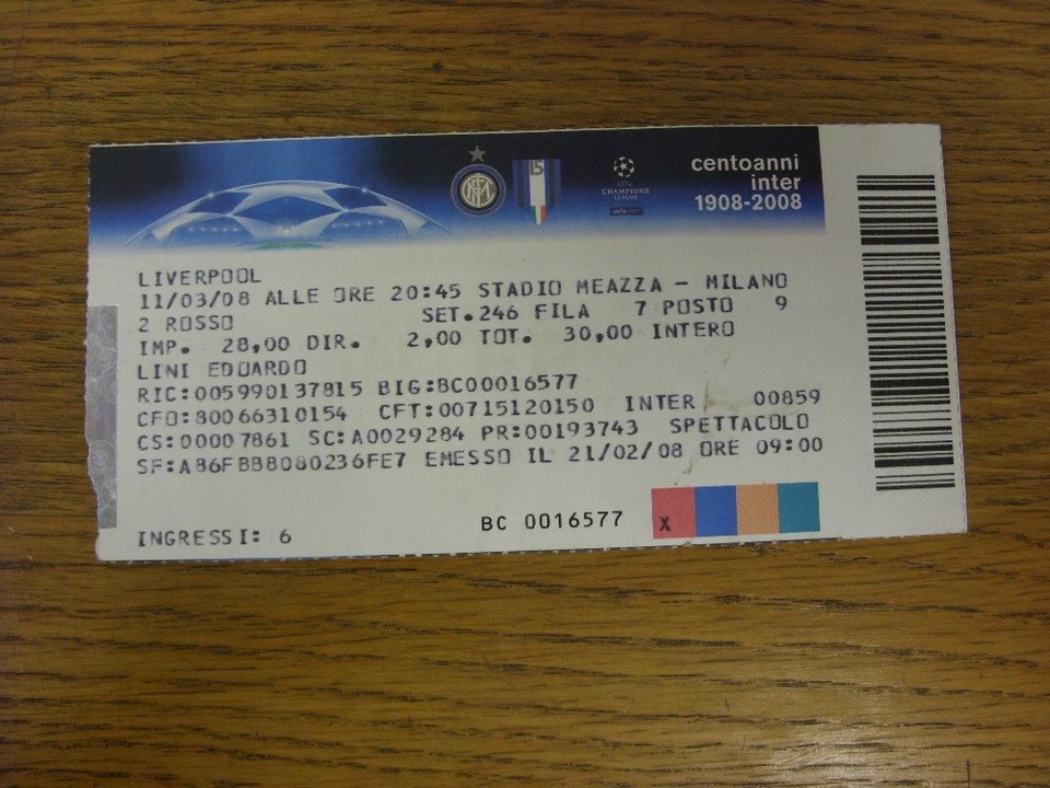 Biglietto 11/03/2008: Inter Milan v Liverpool [Champions League] ('centoanni inter - Immagine 1 di 1