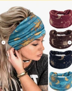 Spiritual Bandana Wide Knotted Headband Hair Tie Band Sun Moon & Stars 2029 - Picture 1 of 10