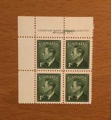 Stamps Canada Sc284 1c grn KGVI Plate 5UL  Cracked Plate VF MNH see detail. - Image 1 of 4