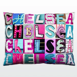 Personalized Pillow featuring the name CHELSEA in PINK/TURQUOISE sign letters - Picture 1 of 1