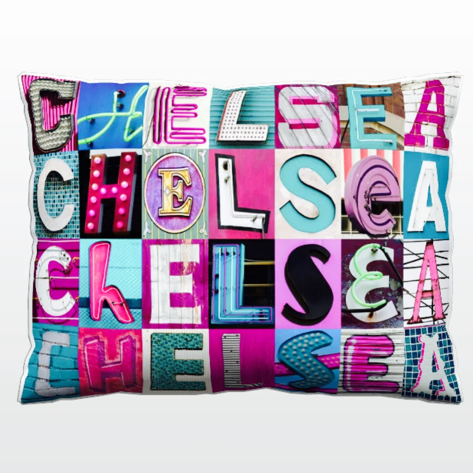 Personalized Pillow featuring the name CHELSEA in PINK/TURQUOISE sign letters - Image 1 of 1
