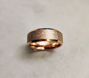 Engraved Tungsten Gold Japanese Maple Tree Forest Minimalist Wedding Ring - 8mm - Picture 1 of 4
