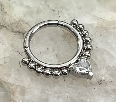 1pc Heart CZ Gem & Beads Hinged Segment Ring 16g Septum Clicker Helix Cartilage - Image 1 of 4