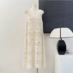 Abito donna scavato con spalline pizzo floreale prendisole trasparente retrò canotta uncinetto - Foto 1 di 13