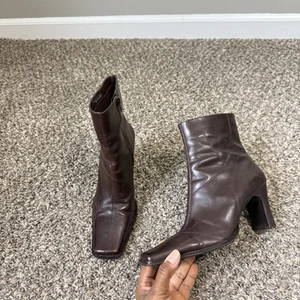 Vintage Y2K 90s Diba Square Toe Heeled Boots Brown Leather Size 7.5 Mid Calf - Picture 1 of 11