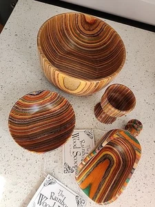 Vintage Mr. Dudley Style Rainbow Striped Wooden Bowls Scoop Egg Cup Set - Picture 1 of 22