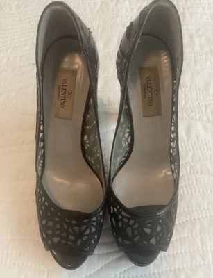 Valentino Garavani Peep Toe Laser Cut Mesh Floral Pumps, Size 36 Black - Image 1 of 4