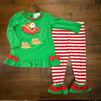 Rare Editions  Christmas Santa Sleigh Outfit Set Girls Size 3T ruffle pants - Image 1 of 4