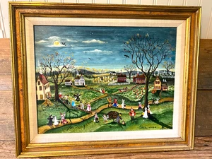 VTG OIL PAINTING ON BOARD SUSAN NORTHEY WINCH FOLK ART HALLOWEEN RARE 19" X 15" - Picture 1 of 17