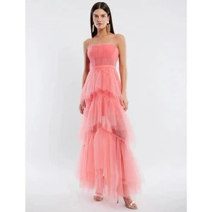 BCBGMAXAZRIA Oly Women’s Coral Tiered Ruffle Corset Tulle Evening Gown Size 2 - Picture 1 of 14