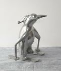 Vintage Christmas Ornament Skiing Penguin Wearing Hat Silver Tone Mid Century