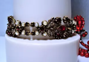 Dark Red Rhinestones & Faux Pearls Link Bracelet Set in Antique Brass-Tone Metal - Picture 1 of 7