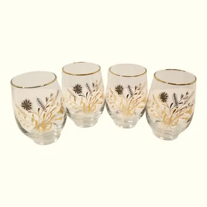 Vintage Set 4 Libbey Roly Poly goldener Weizen & Blumen Trinkgläser Trinkbecher - Bild 1 von 5