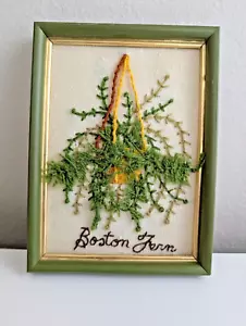 Vintage crewel embroidery boston fern 3D picture MCM decor green wood frame - Picture 1 of 16