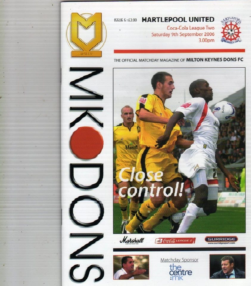MILTON KEYNES DONS  V  HARTLEPOOL UNITED  9/9/2006 league 2 PROGRAMME - Image 1 of 1