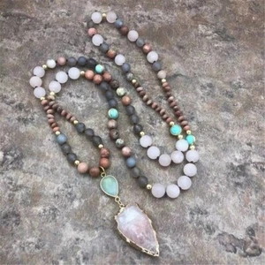 108 Mala Beads Amazonite Turquoise Rose Quartz Arrow Pendant Knotted Necklace - Picture 1 of 3