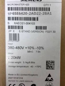6SE6 420-2AD22-2BA1 NUEVO SIEMENS 6SE6420-2AD22-2BA1 MICROMASTER 420 2.2kW 380V - Imagen 1 de 3