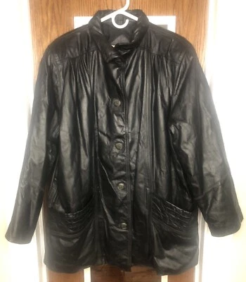 Venezia Women's Black Leather Coat Large Mid-Length Button - Image 1 of 4
