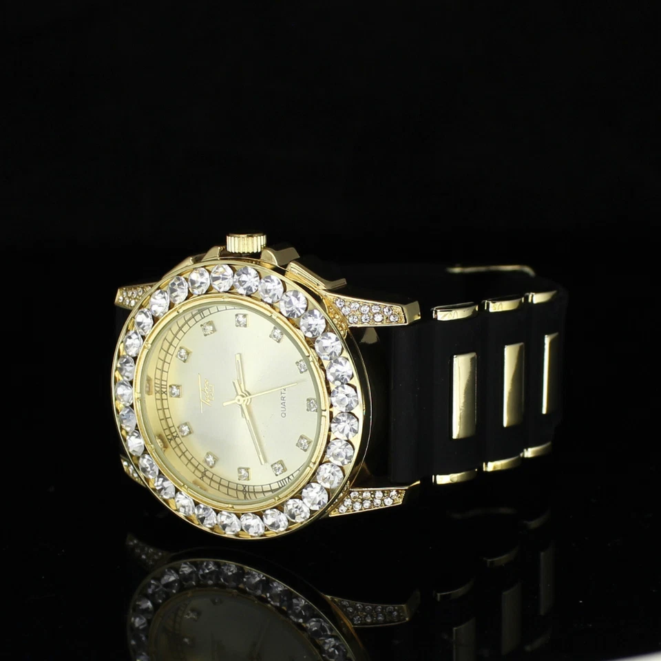 Reloj de hombre Big Face bisel helado 45 mm Hip Hop circonita cúbica chapada en oro banda de goma Foto 1 de 4